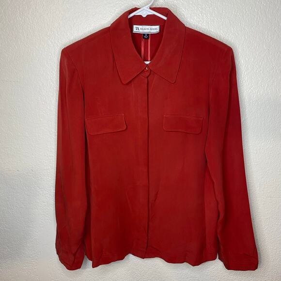 Travis Ayer's Vintage Red 100% Silk Button Down Blouse Size 8 - Picture 1 of 9